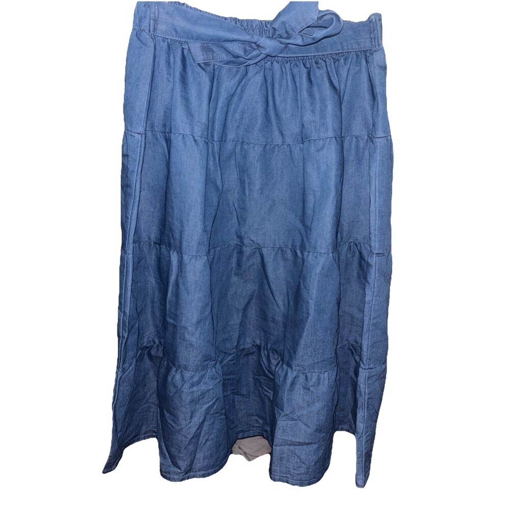 Deja Bleu Premium Denim Maxi Skirt Tiered Belted Prairie Western Boho L Peasant